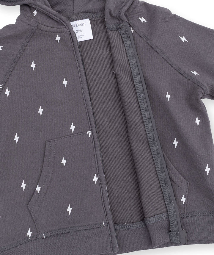 French Terry Zip Hoodie - Gray Lightning Bolt