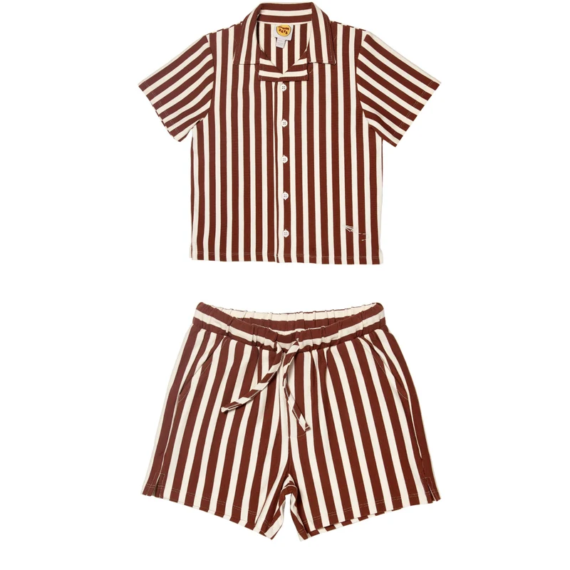 A two-piece children's pajama set featuring a short-sleeve button-up shirt and matching shorts, both with vertical brown and cream stripes.