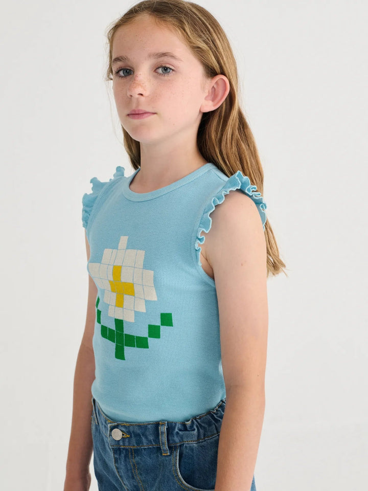 Light Blue Pixel Daisy Ruffled Top
