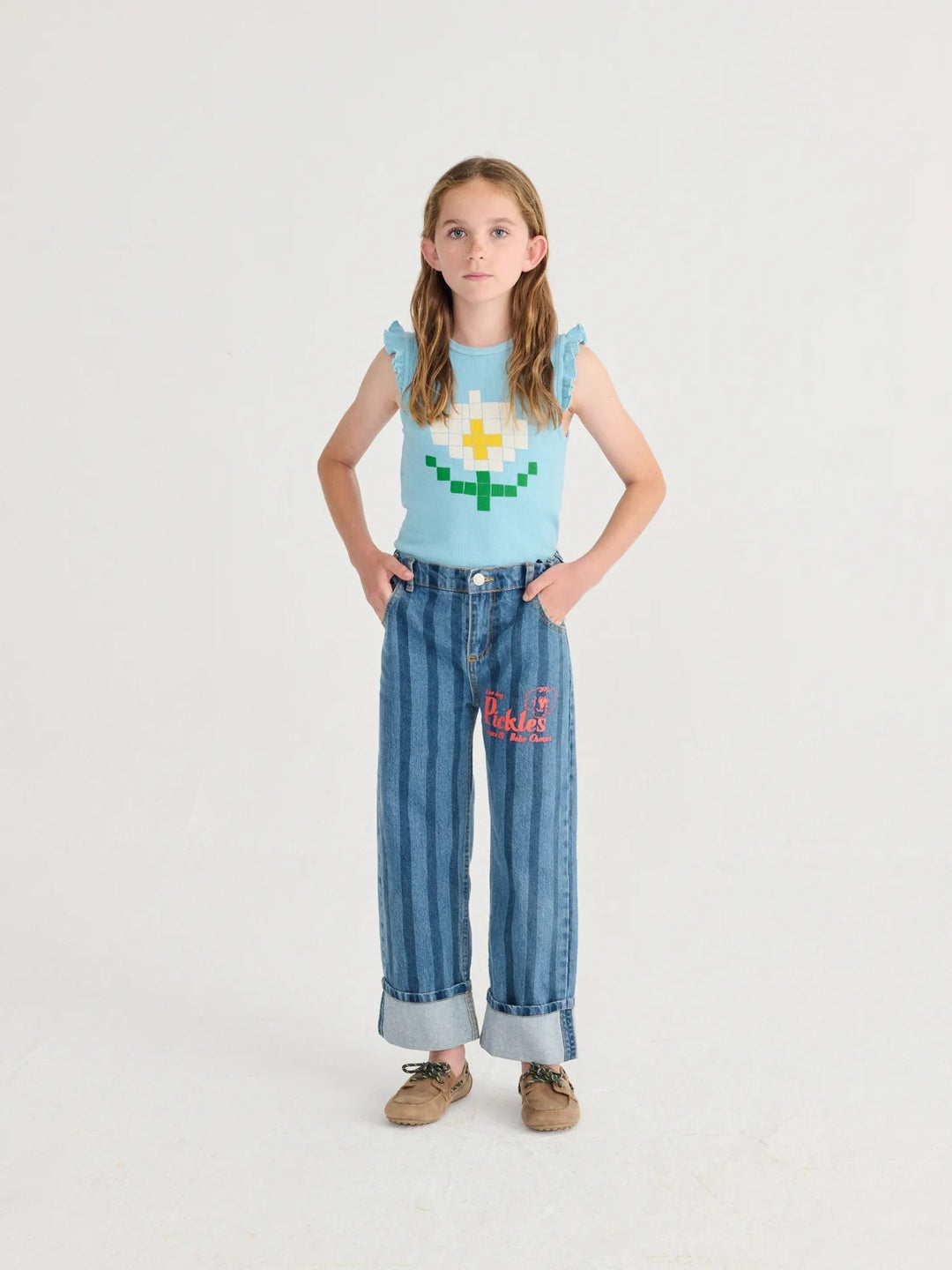 Light Blue Pixel Daisy Ruffled Top