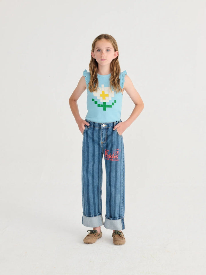 Light Blue Pixel Daisy Ruffled Top