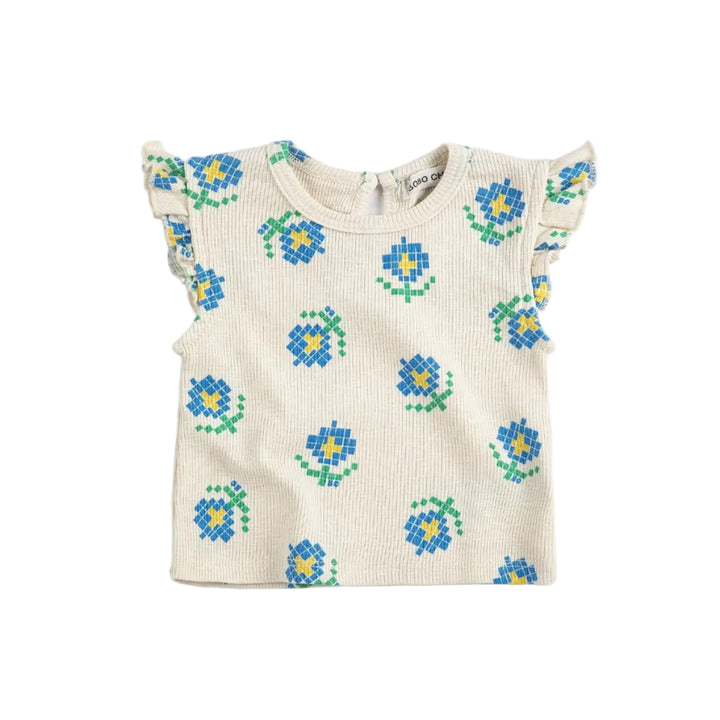 White Pixel Flowers AOP Ruffled Top