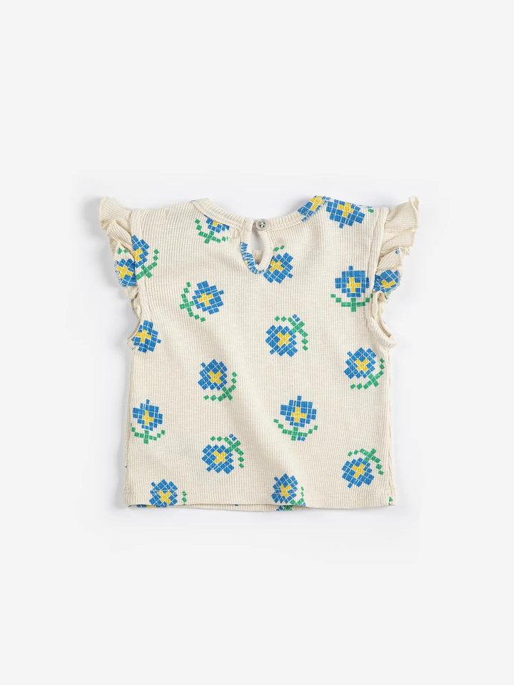 White Pixel Flowers AOP Ruffled Top