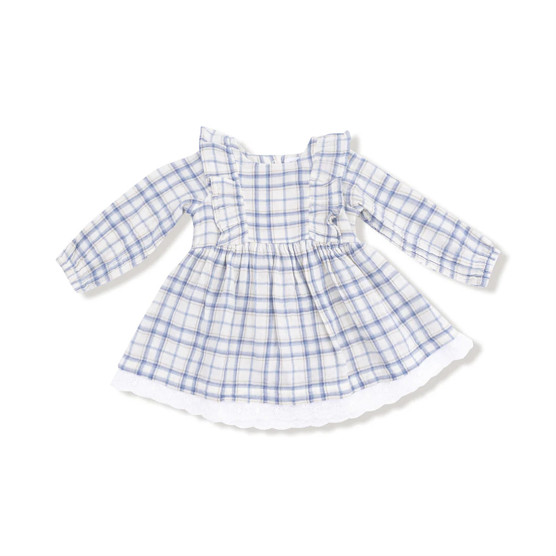 Blue Plaid L/S Eyelet Hem Dress