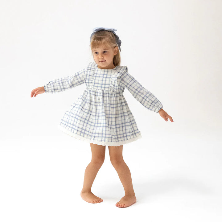 Blue Plaid L/S Eyelet Hem Dress