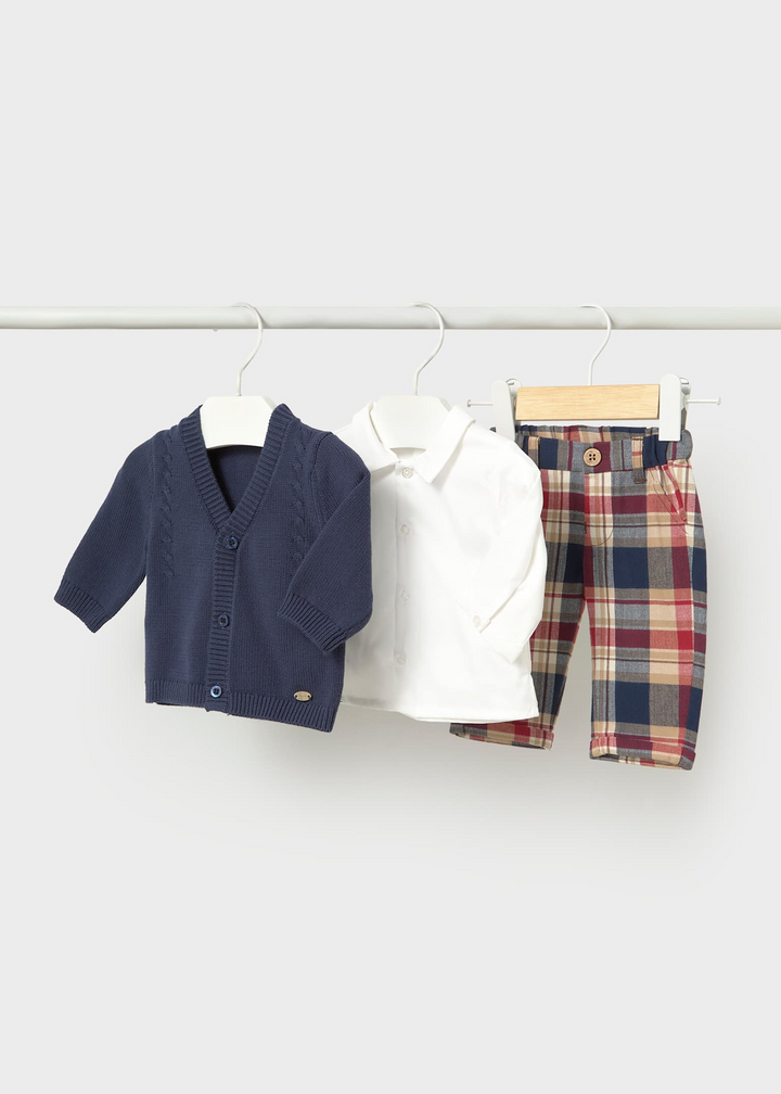 Plaid Pant/Navy Cardigan 3 Piece Set