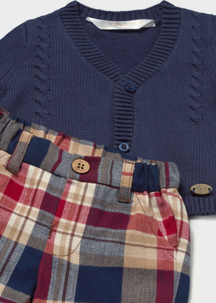 Plaid Pant/Navy Cardigan 3 Piece Set
