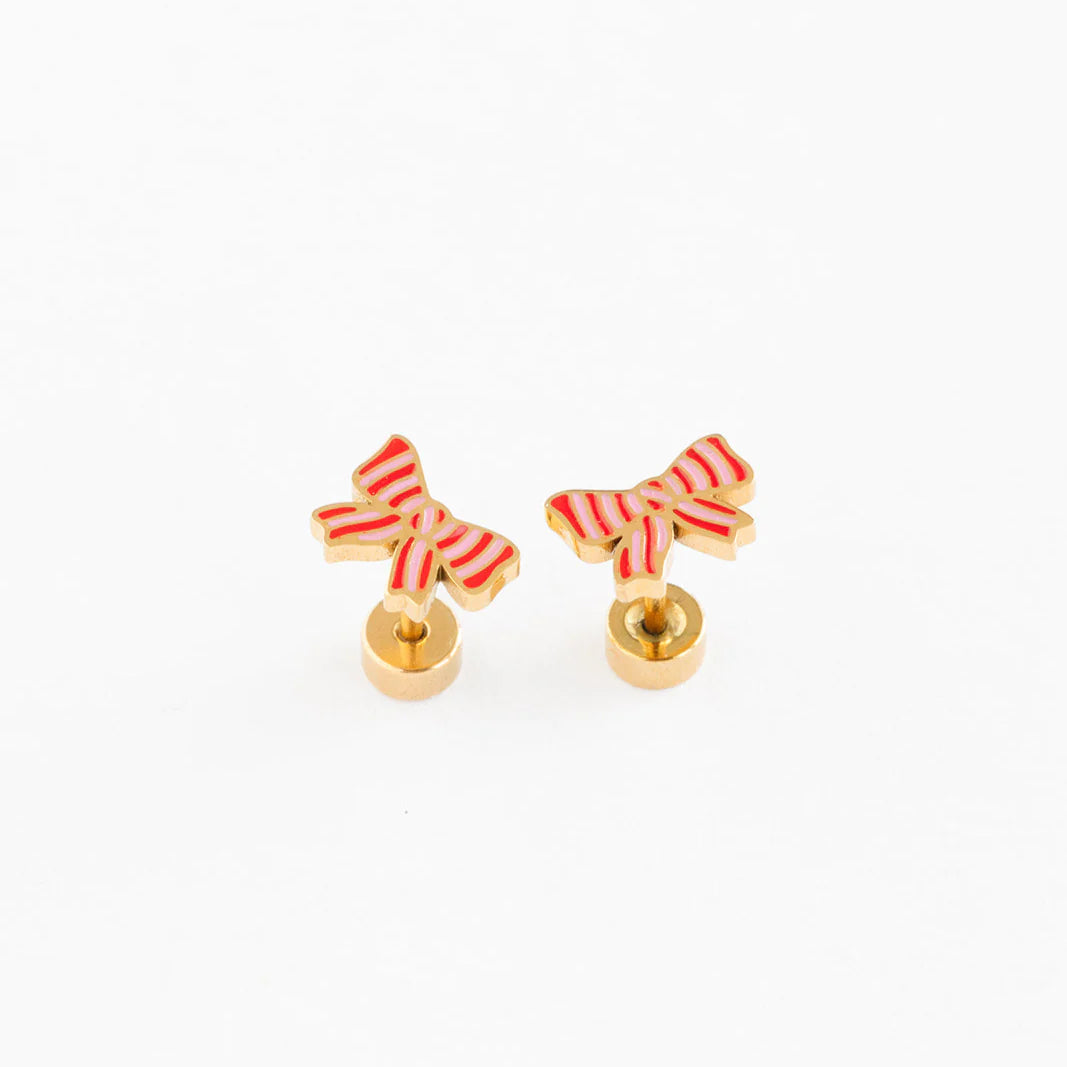 Hypoallergenic Gold & Enamel Striped Bow Earrings