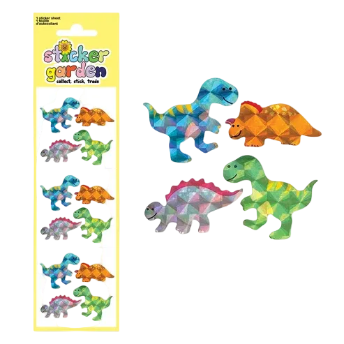 Colorful dinosaur stickers on a 'Sticker Garden' sheet with a white background