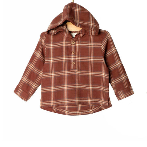 Rust Hooded Henley Flannel Shirt