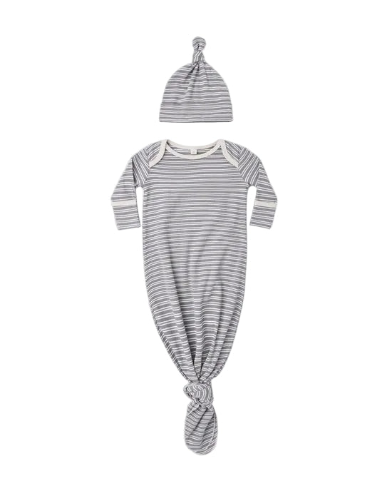 Knotted Gown + Hat - Slate Microstripe