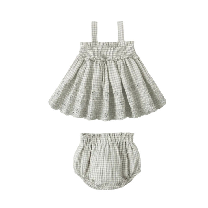 Sage Gingham Mae Smocked Top + Bloomer Set
