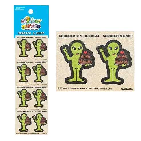 A sheet of green alien stickers with chocolate cakes on a white background, shown next to a larger preview of the same sticker design with text reading 'CHOCOLATE/CHOCOLAT SCRATCH & SNIFF'.
