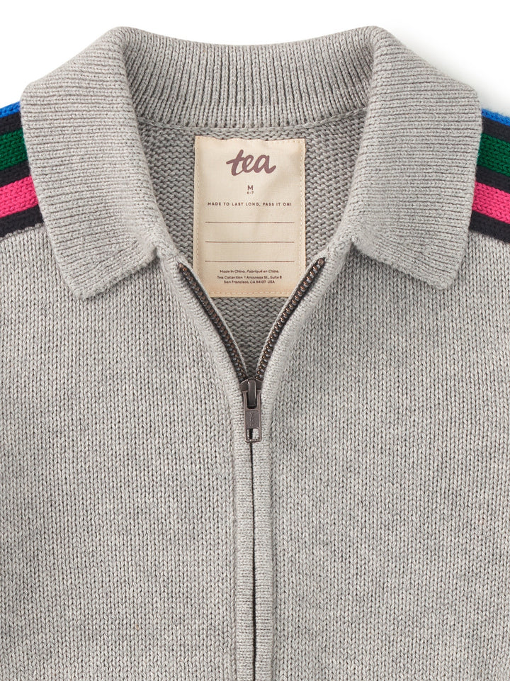 Heather Grey Stripe Sleeve Zip Sweater