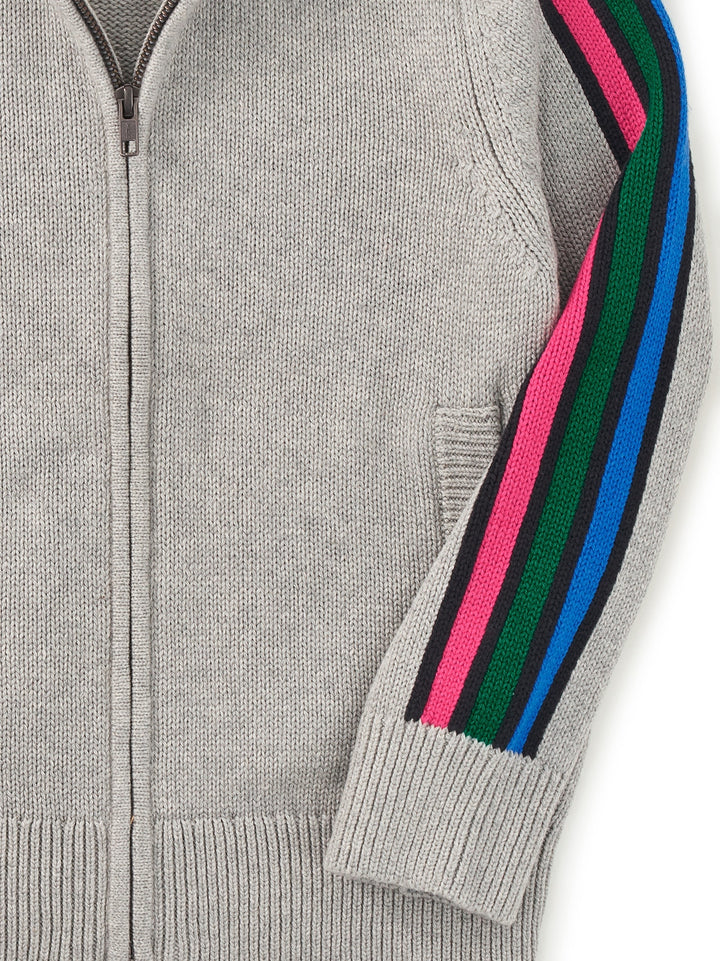 Heather Grey Stripe Sleeve Zip Sweater