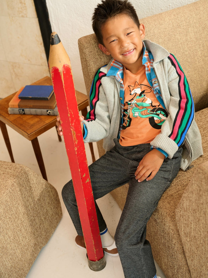 Heather Grey Stripe Sleeve Zip Sweater