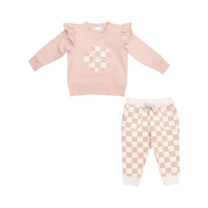 Pink Check French Terry Sweatshirt+Jogger Set