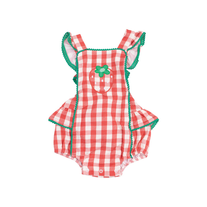 Strawberry Gingham Ric Rac Ruffle Sunsuit