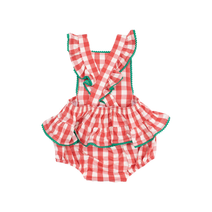 Strawberry Gingham Ric Rac Ruffle Sunsuit
