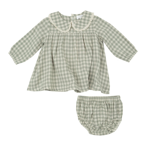 Green Gingham Peter Pan Collar Dress+Bloomer Set