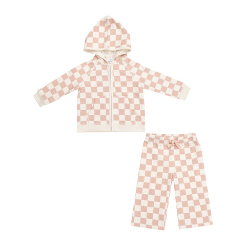 Pink Check French Terry Hoodie+Wide Leg Set