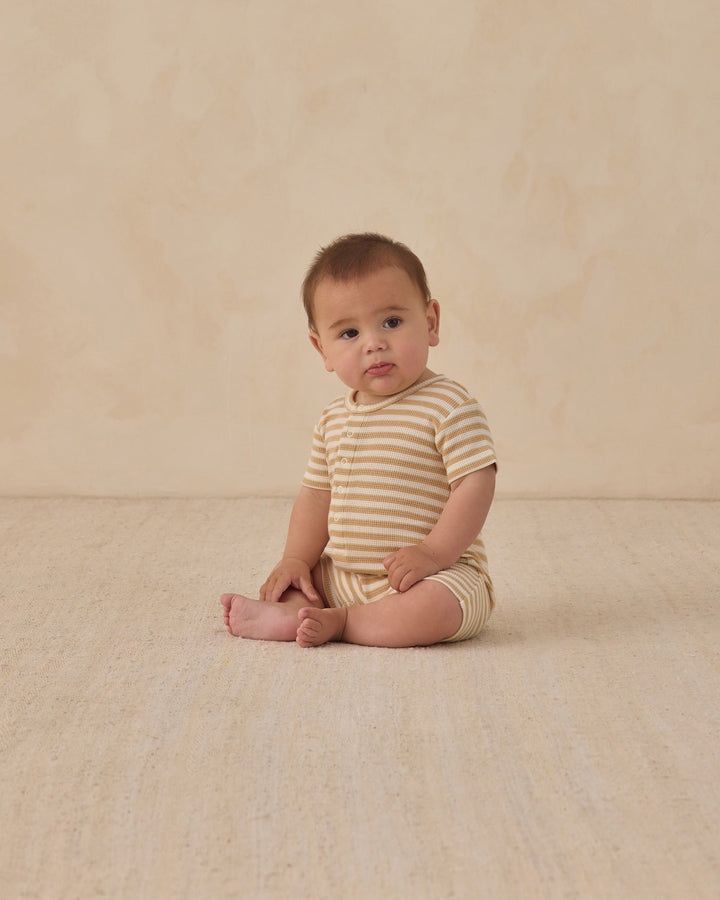 Butterscotch Stripe Waffle S/S Snap Romper
