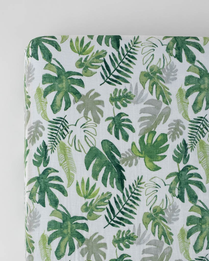 Cotton Muslin Crib Sheet - Tropical Leaf