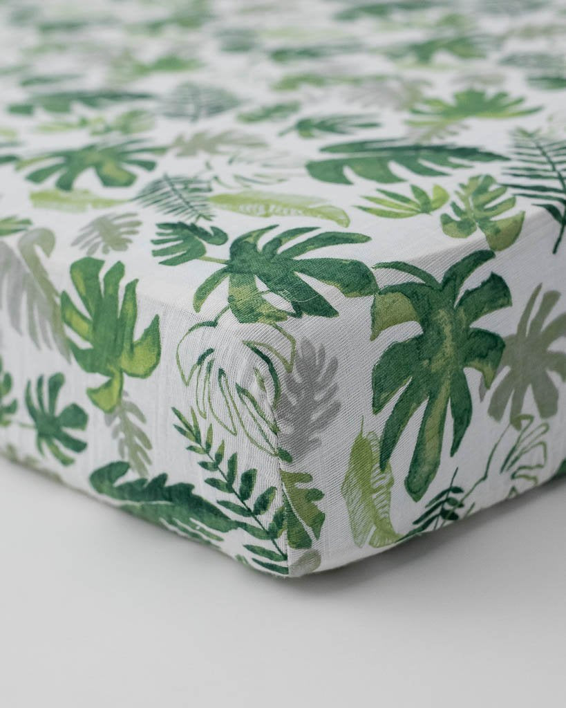 Cotton Muslin Crib Sheet - Tropical Leaf