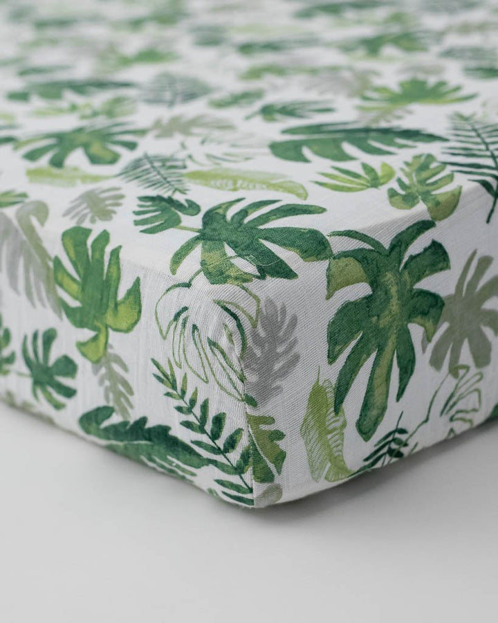 Cotton Muslin Crib Sheet - Tropical Leaf