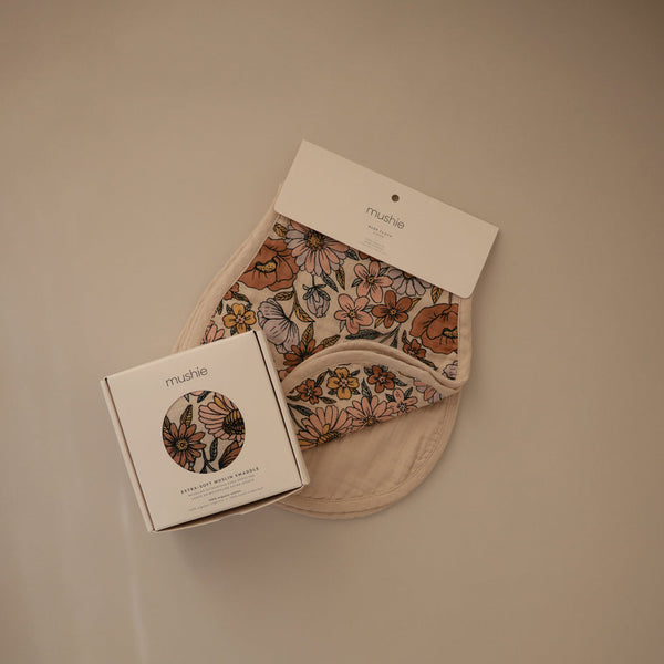 Organic Muslin Burp Cloth 2 pack - Retro Flowers/Fog